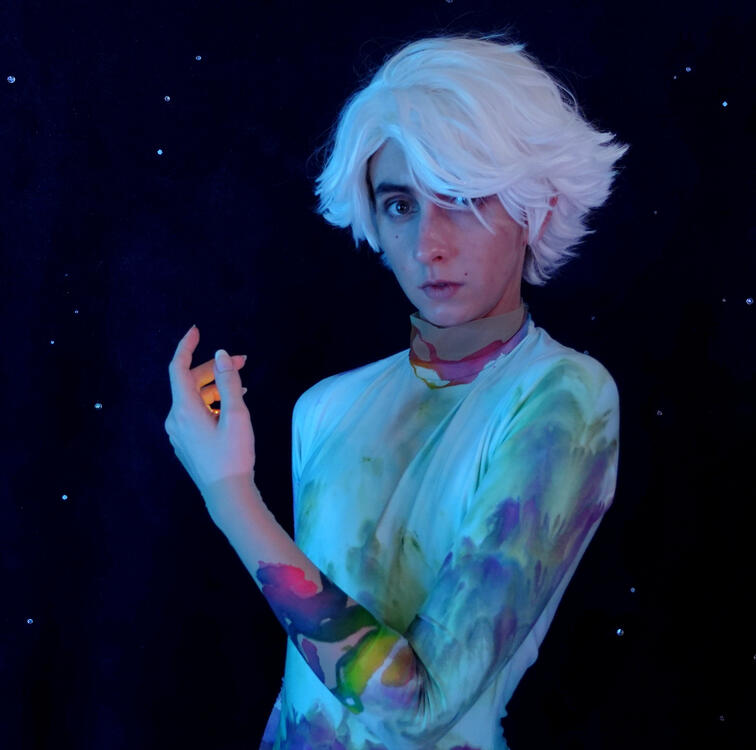 the sleeves and neckline are nude stretch mesh painted with Dye-Na-Flow