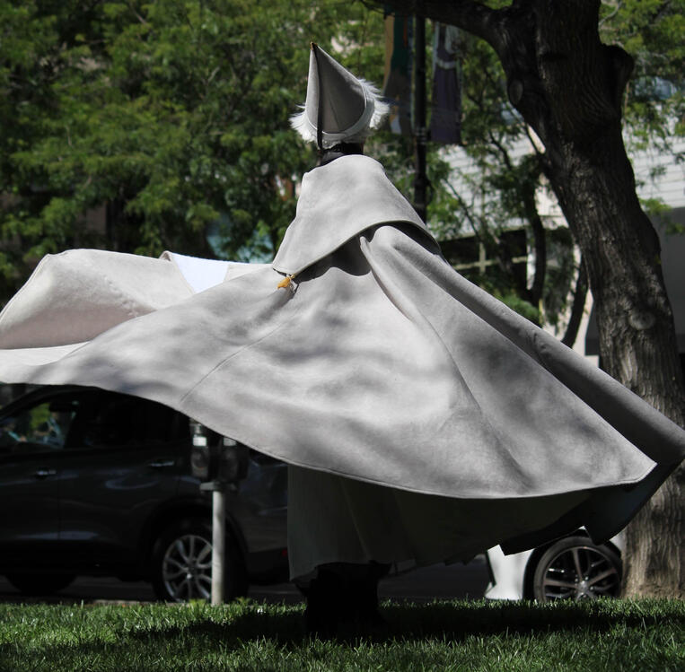 the cloak and hat are upholstery fabric. all panel seams on the cloak are hand felled flat.